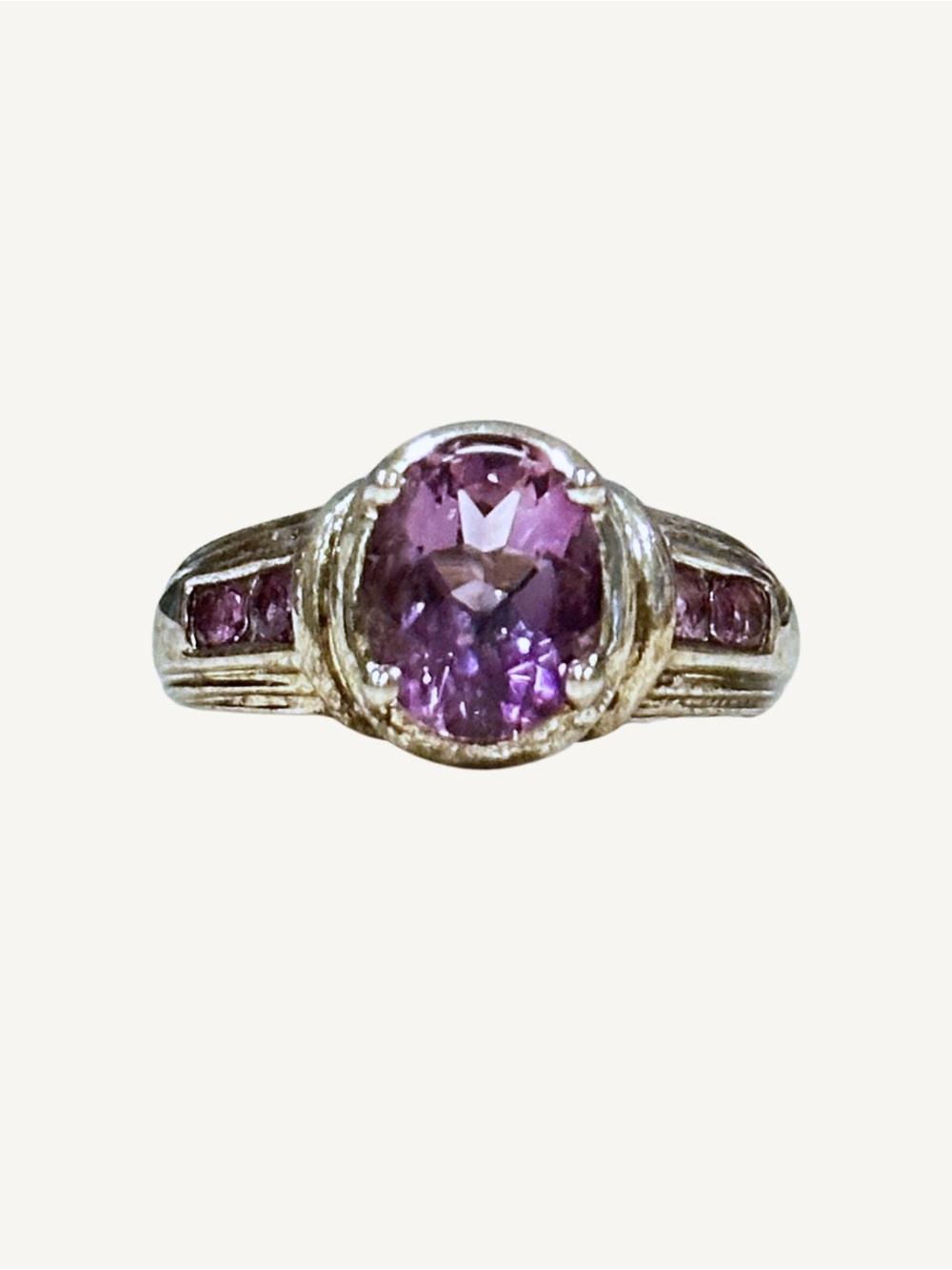 Amethyst Sterling Silver Ring Oval Center Channel Set Shoulders Vintage 90s